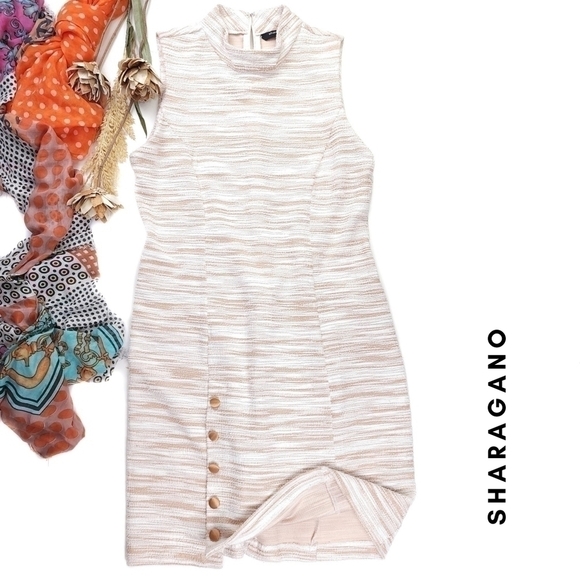 Sharagano White Beige Tweed  Dress Sz 14 - Picture 1 of 12